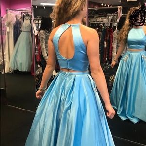 Satin two piece cinderella blue ball gown with pockets